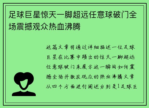 足球巨星惊天一脚超远任意球破门全场震撼观众热血沸腾
